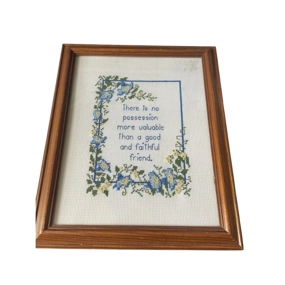 Vintage Framed‎ Beaded Cross Stitch Floral Friend Quote Cottagecore Decor